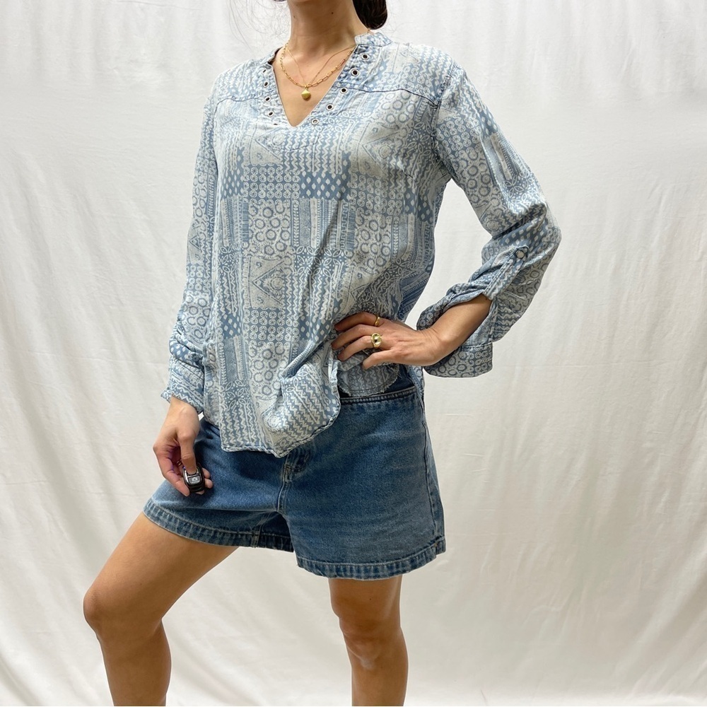 Standard Grace blouse size S lyocell studs boho printed blue white